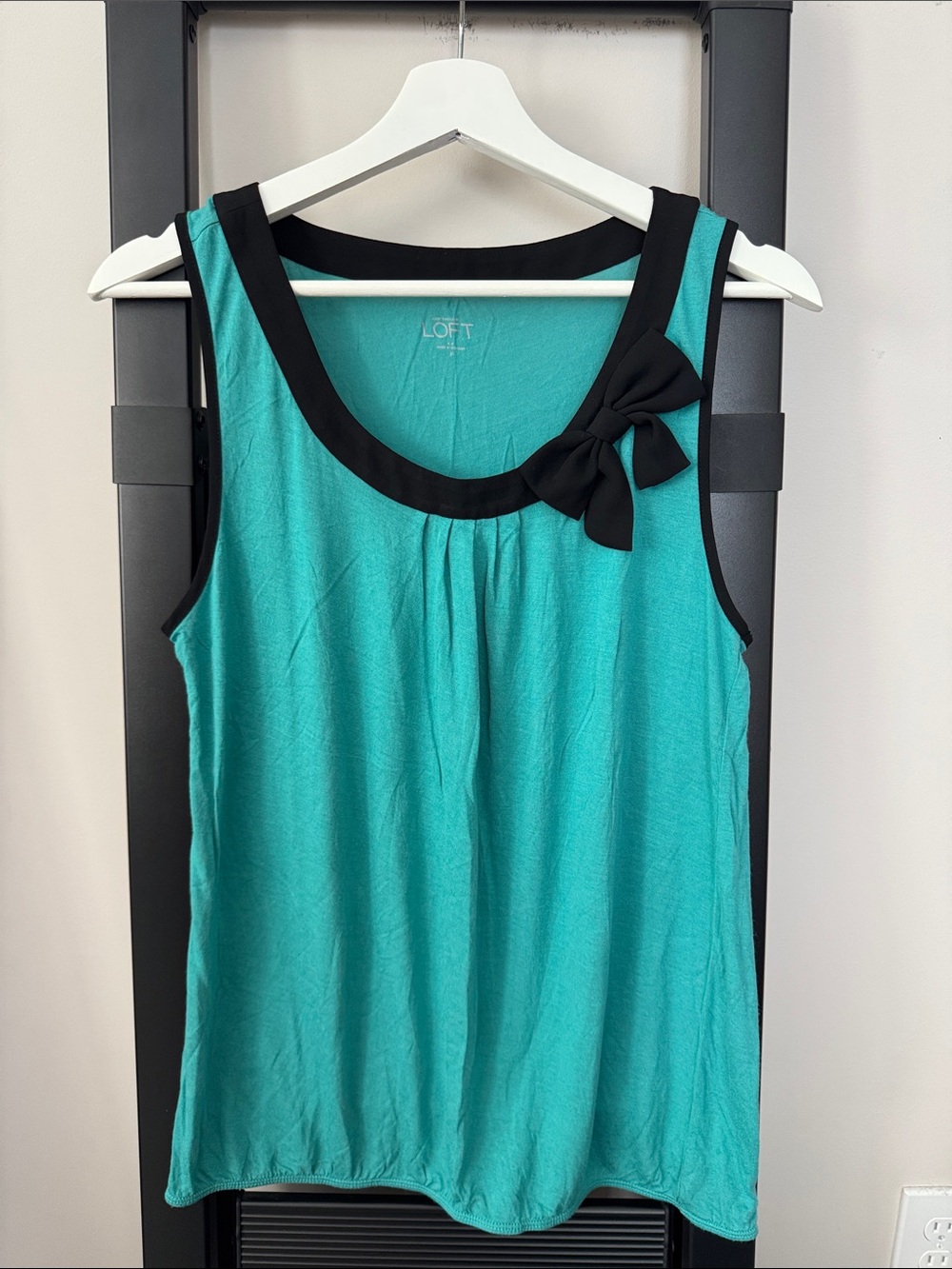 LOFT Teal Tank Top with Black Trim and Bow